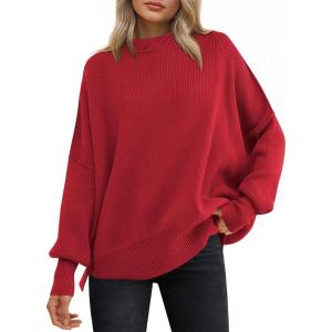 imageANRABESS Women Oversized Sweaters Batwing Long Sleeve 2025 Fall Outfits Crewneck Casual Knit Side Slit Fashion Pullover TopRed