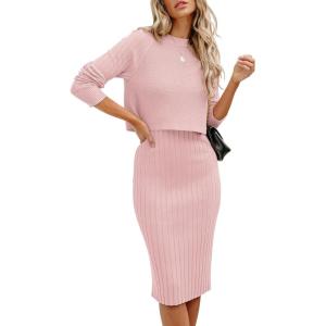 imageANRABESS Womens 2 Piece Outfits Sweater Dresses Set Midi Skirt Sets Long Sleeve Crop Top Bodycon Ribbed Knit Dress 2025 FallPink