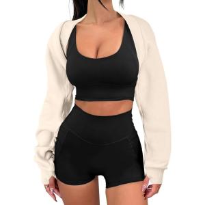 imageANRABESS Womens Cropped Sweatshirt Long Sleeve Bolero Cardigan Open Front Shrug Workout Thumb Hole Y2K Tops Preppy ClothesApricot