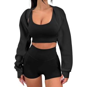 imageANRABESS Womens Cropped Sweatshirt Long Sleeve Bolero Cardigan Open Front Shrug Workout Thumb Hole Y2K Tops Preppy ClothesBlack