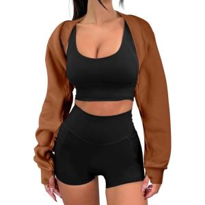imageANRABESS Womens Cropped Sweatshirt Long Sleeve Bolero Cardigan Open Front Shrug Workout Thumb Hole Y2K Tops Preppy ClothesCaramel