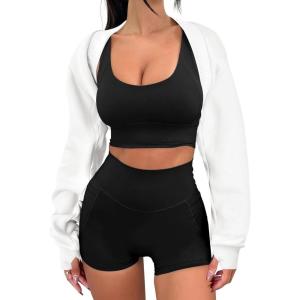 imageANRABESS Womens Cropped Sweatshirt Long Sleeve Bolero Cardigan Open Front Shrug Workout Thumb Hole Y2K Tops Preppy ClothesCream White