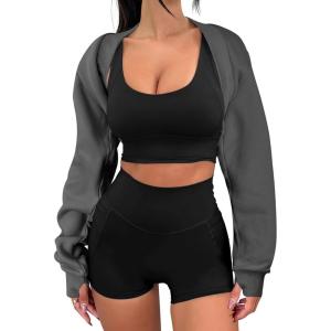 imageANRABESS Womens Cropped Sweatshirt Long Sleeve Bolero Cardigan Open Front Shrug Workout Thumb Hole Y2K Tops Preppy ClothesDark Grey