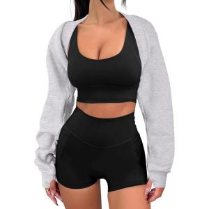 imageANRABESS Womens Cropped Sweatshirt Long Sleeve Bolero Cardigan Open Front Shrug Workout Thumb Hole Y2K Tops Preppy ClothesGrey
