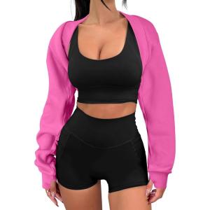 imageANRABESS Womens Cropped Sweatshirt Long Sleeve Bolero Cardigan Open Front Shrug Workout Thumb Hole Y2K Tops Preppy ClothesHot Pink