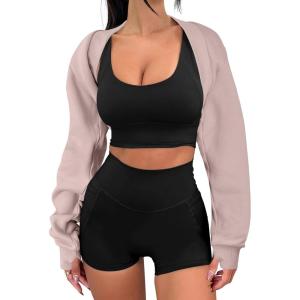 imageANRABESS Womens Cropped Sweatshirt Long Sleeve Bolero Cardigan Open Front Shrug Workout Thumb Hole Y2K Tops Preppy ClothesLight Khaki