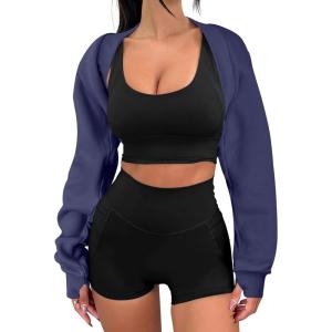 imageANRABESS Womens Cropped Sweatshirt Long Sleeve Bolero Cardigan Open Front Shrug Workout Thumb Hole Y2K Tops Preppy ClothesNavy Blue