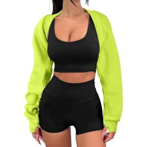 imageANRABESS Womens Cropped Sweatshirt Long Sleeve Bolero Cardigan Open Front Shrug Workout Thumb Hole Y2K Tops Preppy ClothesNeon Green