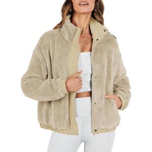 imageANRABESS Womens Fleece Jacket Casual Long Sleeve Cropped Sherpa Button Down Fuzzy Warm Coats Fall Outwear With PocketsApricot