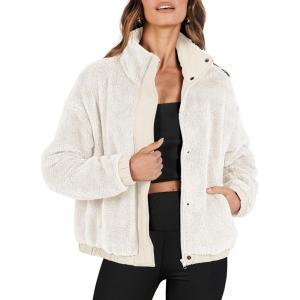 imageANRABESS Womens Fleece Jacket Casual Long Sleeve Cropped Sherpa Button Down Fuzzy Warm Coats Fall Outwear With PocketsBeige