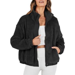 imageANRABESS Womens Fleece Jacket Casual Long Sleeve Cropped Sherpa Button Down Fuzzy Warm Coats Fall Outwear With PocketsBlack