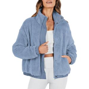 imageANRABESS Womens Fleece Jacket Casual Long Sleeve Cropped Sherpa Button Down Fuzzy Warm Coats Fall Outwear With PocketsBlue