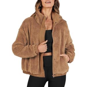 imageANRABESS Womens Fleece Jacket Casual Long Sleeve Cropped Sherpa Button Down Fuzzy Warm Coats Fall Outwear With PocketsBrown