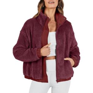 imageANRABESS Womens Fleece Jacket Casual Long Sleeve Cropped Sherpa Button Down Fuzzy Warm Coats Fall Outwear With PocketsBurgundy