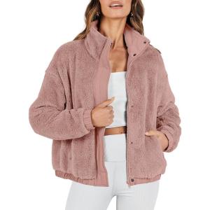 imageANRABESS Womens Fleece Jacket Casual Long Sleeve Cropped Sherpa Button Down Fuzzy Warm Coats Fall Outwear With PocketsDark Pink