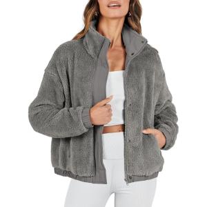 imageANRABESS Womens Fleece Jacket Casual Long Sleeve Cropped Sherpa Button Down Fuzzy Warm Coats Fall Outwear With PocketsGrey 2