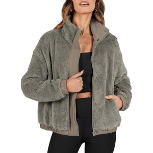 imageANRABESS Womens Fleece Jacket Casual Long Sleeve Cropped Sherpa Button Down Fuzzy Warm Coats Fall Outwear With PocketsGrey