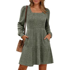 imageANRABESS Womens Long Sleeve Fall Dress 2025 Square Neck Casual Ribbed Knit Comfy Soft Short Sweater Dresses with PocketsArmy Green