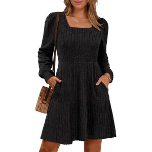 imageANRABESS Womens Long Sleeve Fall Dress 2025 Square Neck Casual Ribbed Knit Comfy Soft Short Sweater Dresses with PocketsBlack
