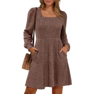 imageANRABESS Womens Long Sleeve Fall Dress 2025 Square Neck Casual Ribbed Knit Comfy Soft Short Sweater Dresses with PocketsBrown