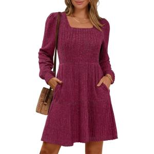 imageANRABESS Womens Long Sleeve Fall Dress 2025 Square Neck Casual Ribbed Knit Comfy Soft Short Sweater Dresses with PocketsBurgundy