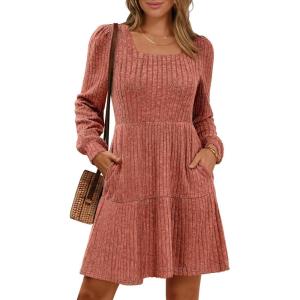 imageANRABESS Womens Long Sleeve Fall Dress 2025 Square Neck Casual Ribbed Knit Comfy Soft Short Sweater Dresses with PocketsBurnt Orange