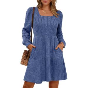 imageANRABESS Womens Long Sleeve Fall Dress 2025 Square Neck Casual Ribbed Knit Comfy Soft Short Sweater Dresses with PocketsDark Blue