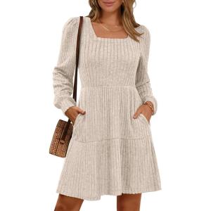 imageANRABESS Womens Long Sleeve Fall Dress 2025 Square Neck Casual Ribbed Knit Comfy Soft Short Sweater Dresses with PocketsYellow Beige