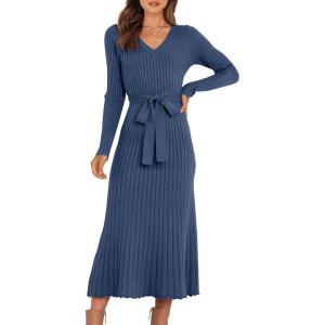 imageANRABESS Womens Long Sleeve Fall Dress 2025 V Neck Aline Tie Waist Ribbed Knit Bodycon Midi Sweater DressesDusty Blue