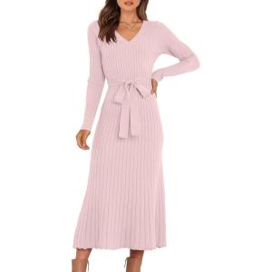 imageANRABESS Womens Long Sleeve Fall Dress 2025 V Neck Aline Tie Waist Ribbed Knit Bodycon Midi Sweater DressesPink