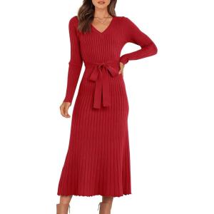 imageANRABESS Womens Long Sleeve Fall Dress 2025 V Neck Aline Tie Waist Ribbed Knit Bodycon Midi Sweater DressesRed