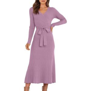 imageANRABESS Womens Long Sleeve Fall Dress 2025 V Neck Aline Tie Waist Ribbed Knit Bodycon Midi Sweater DressesViolet