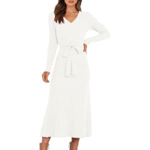 imageANRABESS Womens Long Sleeve Fall Dress 2025 V Neck Aline Tie Waist Ribbed Knit Bodycon Midi Sweater DressesWhite