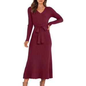 imageANRABESS Womens Long Sleeve Fall Dress 2025 V Neck Aline Tie Waist Ribbed Knit Bodycon Midi Sweater DressesWine Red