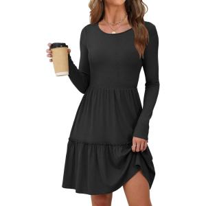 imageANRABESS Womens Long Sleeve Ribbed Short Dresses 2025 Fall Knit A Line Flowy Tiered Casual Mini Sweater Dress with PocketsBlack