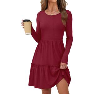 imageANRABESS Womens Long Sleeve Ribbed Short Dresses 2025 Fall Knit A Line Flowy Tiered Casual Mini Sweater Dress with PocketsDark Red