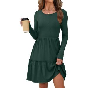 imageANRABESS Womens Long Sleeve Ribbed Short Dresses 2025 Fall Knit A Line Flowy Tiered Casual Mini Sweater Dress with PocketsDeep Green