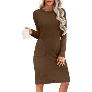 imageANRABESS Womens Nightgown Sweater Dress Long Sleeve Fuzzy Knit Cozy Casual Loungewear 2025 Winter Midi Dress with PocketsBrown