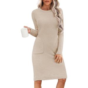 imageANRABESS Womens Nightgown Sweater Dress Long Sleeve Fuzzy Knit Cozy Casual Loungewear 2025 Winter Midi Dress with PocketsLight Khaki