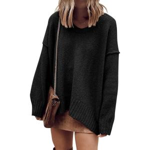 imageANRABESS Womens Oversized Casual Loose Slouchy Scoop V Neck Batwing Long Sleeve Knit 2025 Fall Pullover SweatersBlack