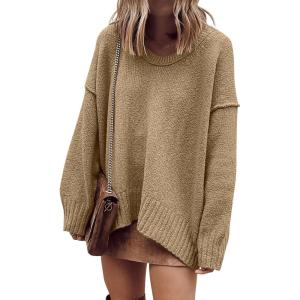 imageANRABESS Womens Oversized Casual Loose Slouchy Scoop V Neck Batwing Long Sleeve Knit 2025 Fall Pullover SweatersBrown