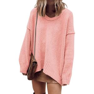 imageANRABESS Womens Oversized Casual Loose Slouchy Scoop V Neck Batwing Long Sleeve Knit 2025 Fall Pullover SweatersPink