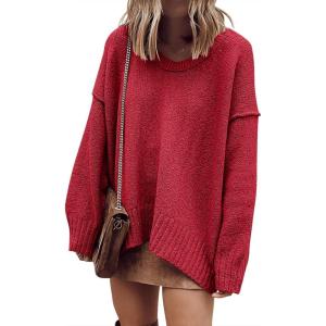 imageANRABESS Womens Oversized Casual Loose Slouchy Scoop V Neck Batwing Long Sleeve Knit 2025 Fall Pullover SweatersRed