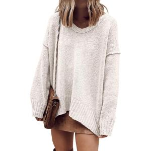 imageANRABESS Womens Oversized Casual Loose Slouchy Scoop V Neck Batwing Long Sleeve Knit 2025 Fall Pullover SweatersWhite