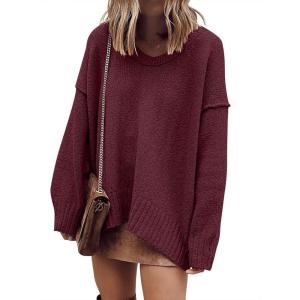 imageANRABESS Womens Oversized Casual Loose Slouchy Scoop V Neck Batwing Long Sleeve Knit 2025 Fall Pullover SweatersWine Red