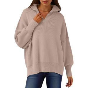 imageANRABESS Womens Oversized Fashion Long Sleeve Quarter Zip Baggy Loose Slouchy Sweater Pullover Tops 2025 Fall OutfitsSand