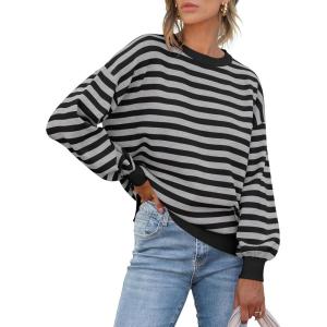 imageANRABESS Womens Oversized Striped Sweaters Long Sleeve Crewneck Casual Side Slit Pullover Tops 2025 Fall Trendy OutfitsBlack Grey