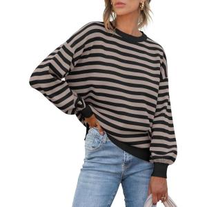 imageANRABESS Womens Oversized Striped Sweaters Long Sleeve Crewneck Casual Side Slit Pullover Tops 2025 Fall Trendy OutfitsBlack Khaki