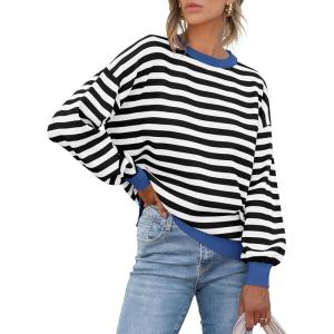 imageANRABESS Womens Oversized Striped Sweaters Long Sleeve Crewneck Casual Side Slit Pullover Tops 2025 Fall Trendy OutfitsBlack White