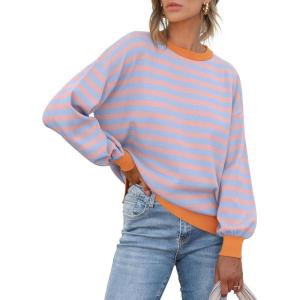 imageANRABESS Womens Oversized Striped Sweaters Long Sleeve Crewneck Casual Side Slit Pullover Tops 2025 Fall Trendy OutfitsBlue Orange